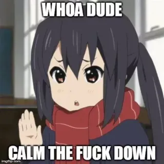 😐 e91e4855 WHOA DUDE
CALM THE FUCK DOWN アニメ, 女の子, 落ち着いて, マジかよ whatsapp sticker