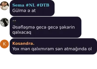 💜 8f196b42 Sema #NL #DTB
Gülmə ə at
Əsəfləşmə gecə gecə şəkərin
qalxacaq
Kosandra.
Yox mən qalxmıram sən atmağında ol telegram sticker
