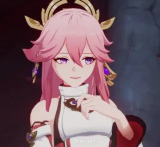 😏 aa8d9d5e Yae Miko Genshin Impact Now, now. Anime, Videospiel, Fuchs, pinke Haare, Lächeln telegram sticker