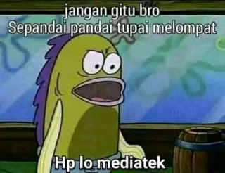🤔 e724df02 jangan gitu bro
Sepandai pandai tupai melompat
Hp lo mediatek fish, spongebob, meme, funny whatsapp sticker