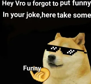 😂 8634af73 Doge Hey Vro u forgot to put funny In your joke, here take some Funny 개, 밈, 웃긴, 선글라스, 농담 telegram sticker