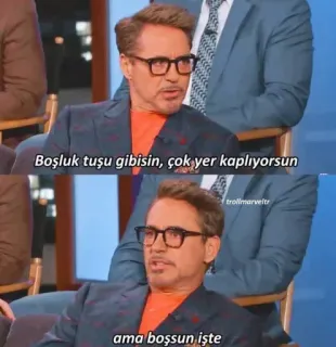 😶 b919e60f Tony Stark Boşluk tuşu gibisin, çok yer kaplıyorsun
ama boşsun işte tony stark, robert downey jr, filme, personagem, engraçado telegram sticker