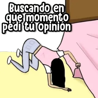 😀 52522261 Buscando en que momento pedí tu opinión opinion, searching, lying down, question, cartoon whatsapp sticker