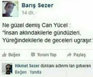 🤔 4520b1b6 Ne güzel demiş Can Yücel :
"İnsan aklındakilerle gündüzleri,
Yüreğindekilerle de geceleri ugraşır."
Hikmet Sezer dükkanı actınmı lan gotveren telegram sticker