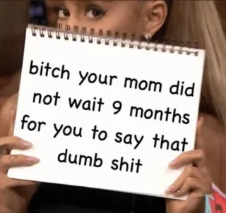 💜 9c4f6679 bitch your mom did
not wait 9 months
for you to say that
dumb shit Beleidigung, beleidigend, sarkastisch, Humor, Meme telegram sticker