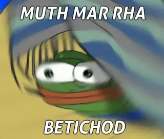 🙂 0ac0bd61 Pepe MUTH MAR RHA
BETICHOD лягушка, пепе, интернет мем, мем, эмоциональный, в шоке whatsapp sticker