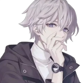 🤔 7043bfa4 Anime, Chłopak, Postać, Siwe włosy, Bluza z kapturem, Portret whatsapp sticker