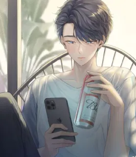 🙂 a18536f9 Аниме, Парень, Пьет, Телефон, Повседневный telegram sticker