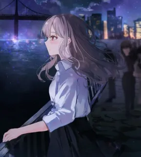 🙂 a9000a49 Аниме девушка, Городской пейзаж, Ночь, Мост, Прогулка, Искусство, Иллюстрация telegram sticker