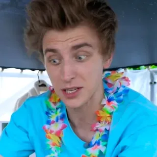 😶 94d55380 persona, uomo, collana hawaiana, ritratto, camicia blu whatsapp sticker