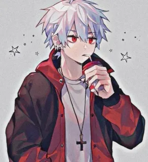 🐚 f89cbf7c Anime, Occhi rossi, Capelli bianchi, Ragazzo anime, Collana con croce, Personaggio dei cartoni animati telegram sticker