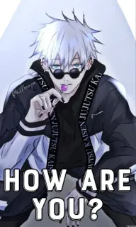 🤔 78d01f53 Gojo Satoru Jujutsu Kaisen HOW ARE YOU? anime, gojo, jujutsu kaisen, character, lollipop, black and white telegram sticker
