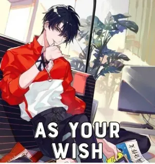 😏 e6429ab1 AS YOUR WISH anime style, young man, red jacket, casual, indoors telegram sticker