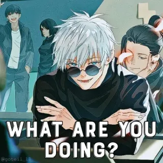 🧐 f23a9fc2 Gojo Satoru Jujutsu Kaisen WHAT ARE YOU DOING? anime, gojo satoru, jujutsu kaisen, character, asking, greeting telegram sticker
