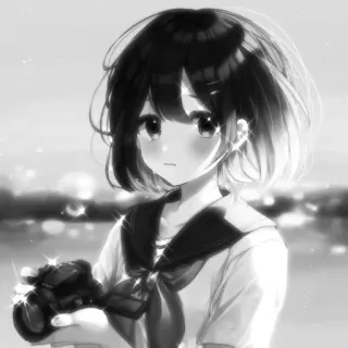 📷 20e7320e dziewczyna anime, mundurek szkolny, aparat, czarno-białe, iskrzący się, słodki telegram sticker