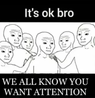 😁 df418fb0 It's ok bro
WE ALL KNOW YOU WANT ATTENTION Meme, Atención, Apoyo, Wojak, Sentimientos whatsapp sticker