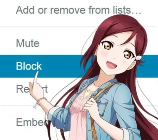 ❌ 085abf0a Add or remove from lists...Mute Block Report Embed Anime, Garota, Bloquear, Mudo, Denunciar telegram sticker