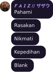 💜 b49768c2 FAIZ // ザザウ
Pahami
Rasakan
Nikmati
Kapedihan
Blank telegram sticker