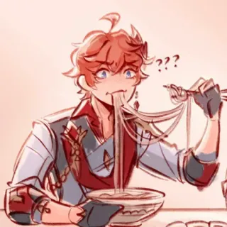 🍂 055fbe54 Tartaglia Genshin Impact อนิเมะ, วิดีโอเกม, บะหมี่, กิน, จิบิ, Tartaglia, Genshin Impact telegram sticker