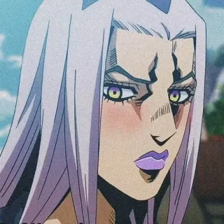 🔊 e2fce25c Leone Abbacchio JoJo's Bizarre Adventure Anime, Jojo, Leone Abbacchio, Charakter, lila Haare, ernster Blick telegram sticker
