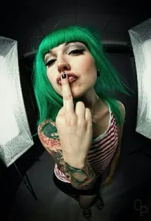 😒 6361780b middle finger, tattoo, woman, green hair, offensive gesture telegram sticker