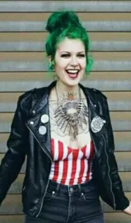 😂 852e9aec woman, green hair, leather jacket, smiling, portrait, tattoo telegram sticker