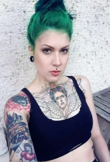 😣 cb79cc19 woman, tattoo, portrait, green hair, piercing telegram sticker
