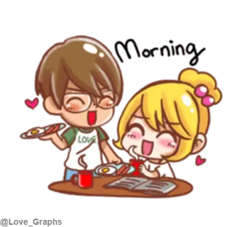 😃 96a7b888 Morning 아침, 아침 식사, 사랑, 귀여운, 커플, 만화 telegram sticker