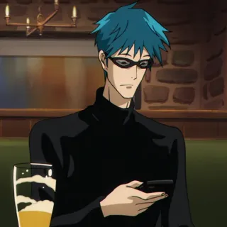 🚬 57699552 Anime, Mann, Bier, Handy, Rollkragenpullover, blaue Haare telegram sticker