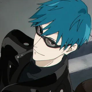 🥂 b2a4145c Anime, Mann, Blaue Haare, Brille, Lederjacke telegram sticker