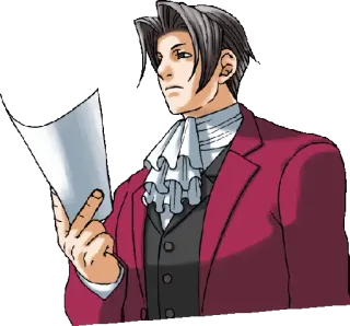 📄 28e5499b Miles Edgeworth Ace Attorney avvocato, tribunale, anime, obiezione, carta whatsapp sticker
