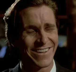 😂 185bba9c Patrick Bateman American Psycho 美国精神病人, 帕特里克·贝特曼, 克里斯蒂安·贝尔, 电影, 表情, 恐怖, 微笑 telegram sticker