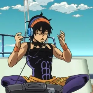 🍊 d6fadb6f Narancia Ghirga JoJo's Bizarre Adventure 애니메이션, 만화, 음악, 헤드폰, 캐릭터, 앉아있는, 휴식, 만화, 일러스트, 죠죠 telegram sticker