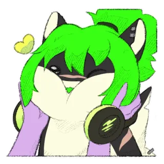 🥰 0c564d2f животное, пушистый, зеленые волосы, наушники, милый, улыбается telegram sticker