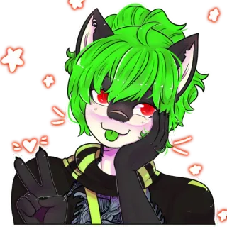 🥰 135ba151 Фурри, Антро, Мультфильм, Аниме, Волк, Зеленые волосы, Знак мира telegram sticker