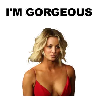 👄 e285091f I'M GORGEOUS linda, mulher, retrato, vestido vermelho, cabelo loiro, Kaley Cuoco telegram sticker