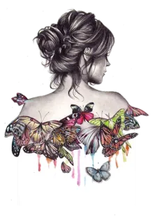 😊 be0f8332 femme, dos, papillons, aquarelle, art, dessin, cheveux, beauté telegram sticker