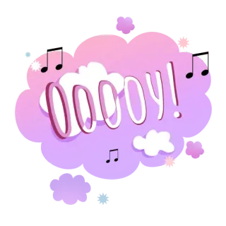 🤭 4544c541 OOOΟΥ! Onomatope, Suara, Kartun, Seruan, Not musik, Ungu, Merah muda, Awan telegram sticker