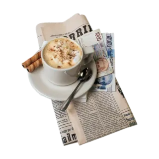 🗞 cf98a11b coffee, newspaper, money, drink, cappuccino, breakfast whatsapp sticker