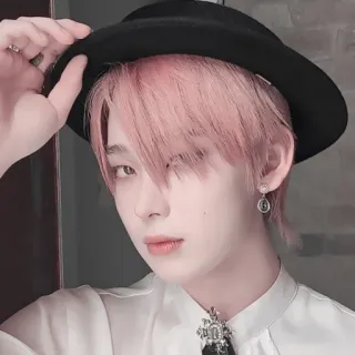 🍆 dfcf3e64 osoba, portret, kapelusz, mężczyzna, różowe włosy, kolczyk, koreański telegram sticker