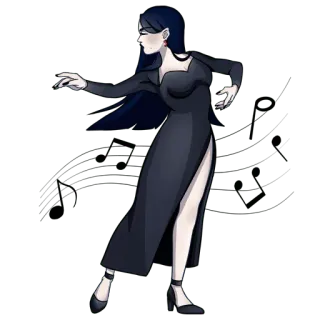 🎶 ec83fb98 ผู้หญิง, ชุดเดรส, สีดำ, การ์ตูน, แฟชั่น, ผมยาว telegram sticker