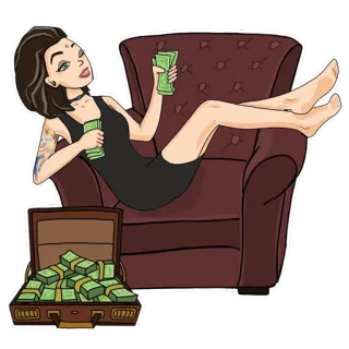 💵 e799180d dinero, riqueza, dibujo animado, rico, mujer, sentada telegram sticker