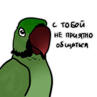 🤨 9502139e С ТОБОЙ
НЕ ПРИЯТНО
ОБЩАТЬСЯ papagaio, pássaro, verde, texto, desenho animado, animal telegram sticker