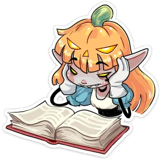 📖 86c7652e 南瓜, 女孩, 万圣节, 卡通, 阅读, 书, 可爱 telegram sticker
