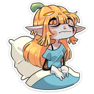 😩 d8c11e31 卡通, 困倦, 精灵, 枕头, 橙色头发, 疲倦, 贴纸 telegram sticker
