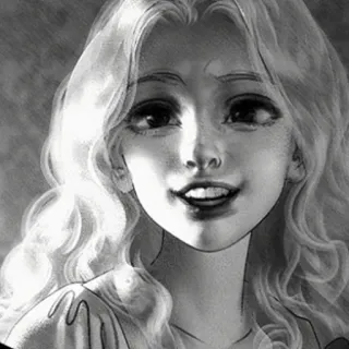 ♟ babfd01f 女性, 女の子, ポートレート, 白黒, イラスト, 巻き毛, 笑顔 whatsapp sticker