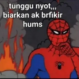 🚸 b66bf8df Spider-Man tunggu nyot,, biarkan ak brfikir hums spider-man, meme, engraçado, desenho animado, quadrinhos, super-herói telegram sticker