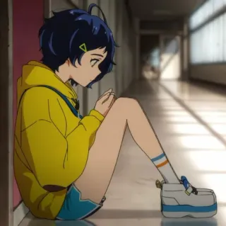 🫐 9602f998 Ai Ohto Wonder Egg Priority anime, girl, yellow hoodie, short hair, sitting, casual, Ai Ohto telegram sticker