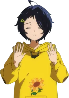 👋 35613b78 anime girl, yellow hoodie, sunflower, cartoon character, anime character, illustration, cute, smiling telegram sticker