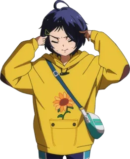 🤔 5021ed55 Ai Ohto Wonder Egg Priority anime, character, sunflower, yellow hoodie, girl telegram sticker